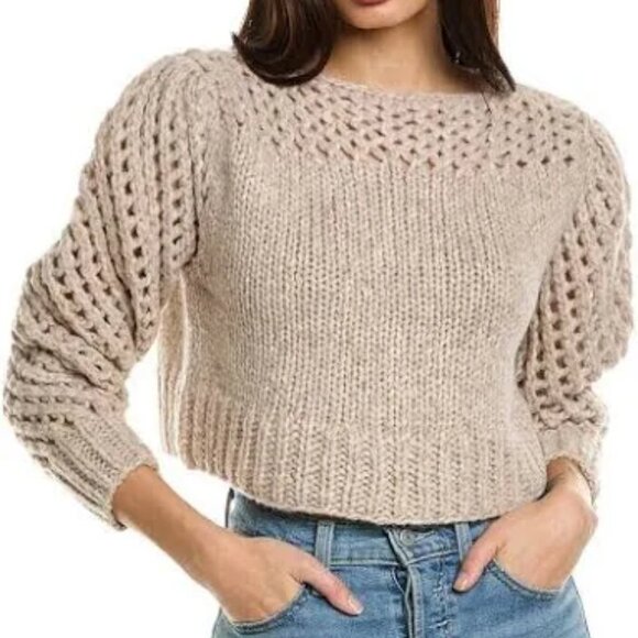 NEW  LOVE SHACK FANCY Larson Cropped Pull Over Sweater antique fawn 1065t - Picture 1 of 8